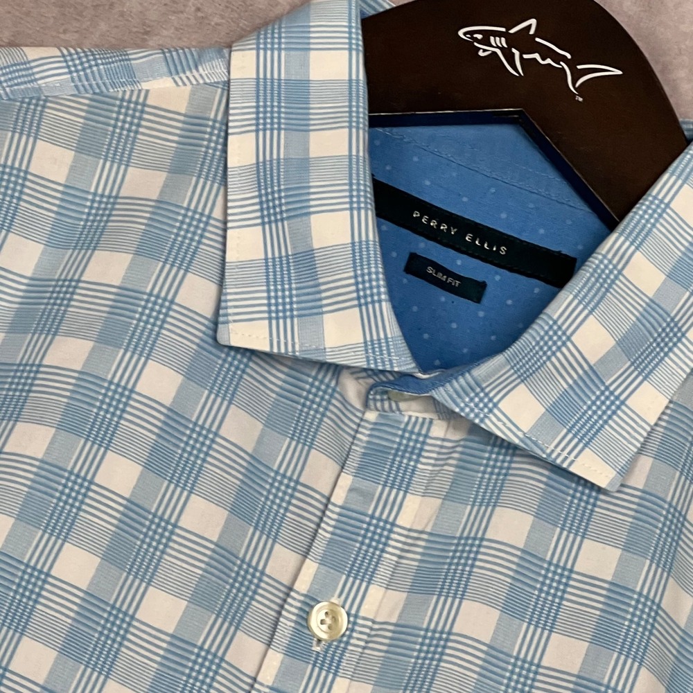 Perry Ellis Button Down Shirt Mens Large Blue White Excellent Slim Fit Plaid